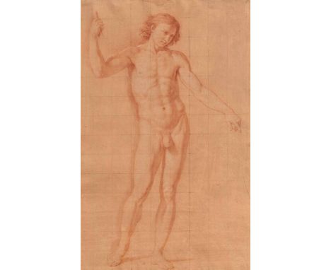 BOTTANI, GIUSEPPE1717 Cremona - 1784 MantuaTitel: Studie eines stehenden männlichen Aktes. Technik: Rötel, weiß gehöht, quadr