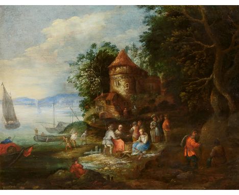 HARTMANN, JOHANNES JACOBUm 1680 Kuttenberg - Um 1730 PragTitel: Landschaft am Wasser mit Fischern. Technik: Öl auf Zink. Maße