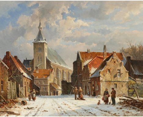 EVERSEN, ADRIANUS1818 Amsterdam - 1897 DelftTitel: Winterlich verschneite Straße in einem holländischen Städtchen. Datierung: