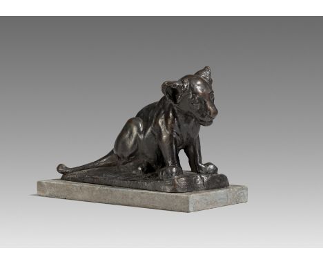 GAUL, AUGUST1869 Großauheim - 1921 BerlinTitel: Sitzender junger Löwe. Datierung: Entwurf 1898. Technik: Bronze, schwarzbraun