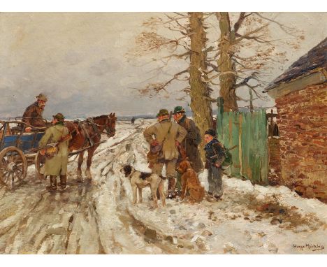MÜHLIG, HUGO1854 Dresden - 1929 DüsseldorfTitel: Aufbruch zur Jagd. Technik: Öl auf Holz. Maße: 18 x 24cm. Bezeichnung: Signi