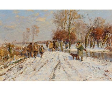 MÜHLIG, HUGO1854 Dresden - 1929 DüsseldorfTitel: Nach der winterlichen Treibjagd. Technik: Öl auf Holz. Maße: 21,5 x 34cm. Be