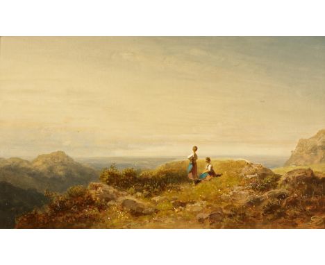 SPITZWEG, CARLMünchen 1808 - 1885Titel: "Auf der Alm" (Berglandschaft - Mädchen auf einer Anhöhe).Auf der Wiese zwei Sennerin