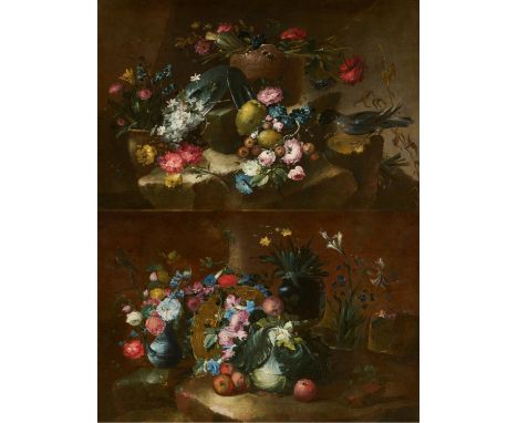 GUARDI, FRANCESCOVenedig 1712 - 1793Titel: Zwei Gemälde: Blumenstillleben mit einem Weidenkorb / Stillleben mit Blumen und Fr