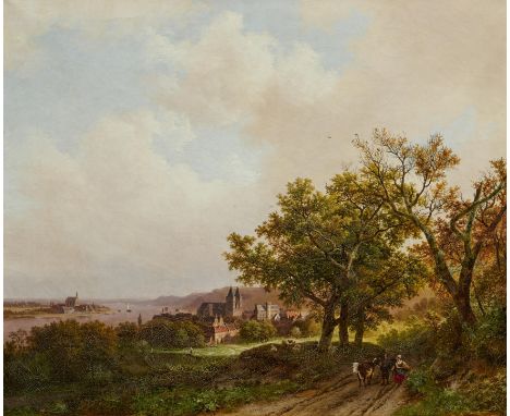 KOEKKOEK, BAREND CORNELIS1803 Middelburg - 1862 KleveTitel: Sommerlandschaft. Weite Landschaft mit Stadt am Fluss. Datierung: