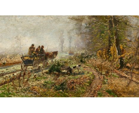 MÜHLIG, HUGO1854 Dresden - 1929 DüsseldorfTitel: Morgenstimmung. Jäger auf einem Pferdekarren auf dem Weg am Waldrand. Techni