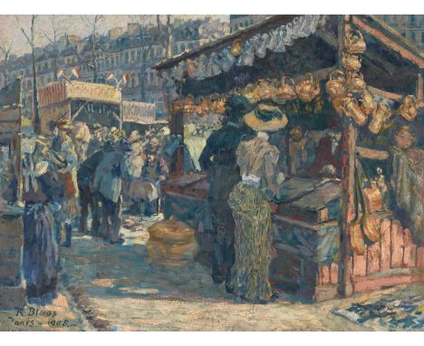 BLOOS, RICHARD1878 Brühl - 1957 DüsseldorfTitel: Paris. Marktstände auf einem Boulevard. Datierung: 1908. Technik: Öl auf Lei