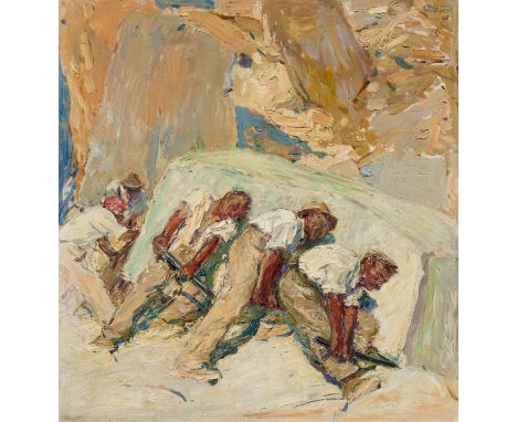 STERL, ROBERT HERMANN1867 Grossdobritz - 1932 NaundorfTitel: "Steinbrecher". Fünf Arbeiter im Steinbruch beim Anheben eines Q