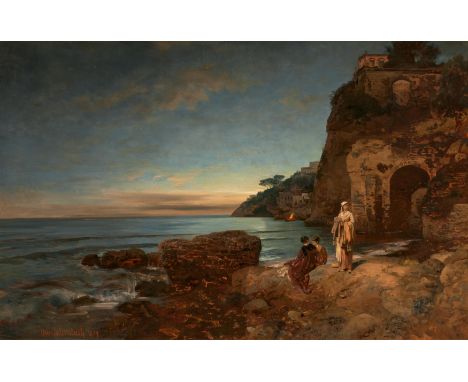 ACHENBACH, OSWALDDüsseldorf 1827 - 1905Titel: Abendstimmung an der Küste vor Sorrent. Am Wasser auf den Steinen drei Frauen. 