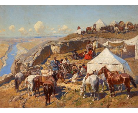 ROUBAUD, FRANZ1856 Odessa - 1928 MünchenTitel: Reiterlager im Kaukasus. Technik: Öl auf Leinwand. Montierung: Doubliert. Maße