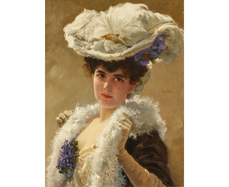 CLEMENTZ, HERMANNBerlin 1852 - 1930Titel: Elegante Dame mit Hut und Boa. Technik: Öl auf Faserplatte. Maße: 59 x 45cm. Bezeic