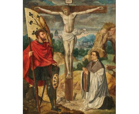 BRUYN D.Ä., BARTHOLOMAEUS1493 Niederrhein - 1555 KölnTitel: Christus am Kreuz mit dem heiligen Gregorius Maurus und einem gei