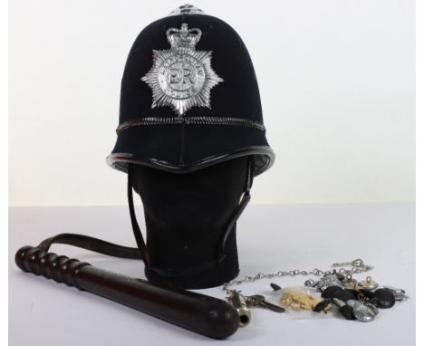 Obsolete Metropolitan Police cork helmet, Queens crown EIIR chrome badge, leather chin strap, J.Hudson &amp; Co 244 Barr St M