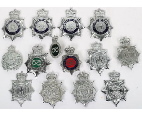 Fourteen Obsolete Police Helmet Plates, Kings Crown Glamorgan chrome wreath, Queens crown: Avon and Somerset Constabulary, pl