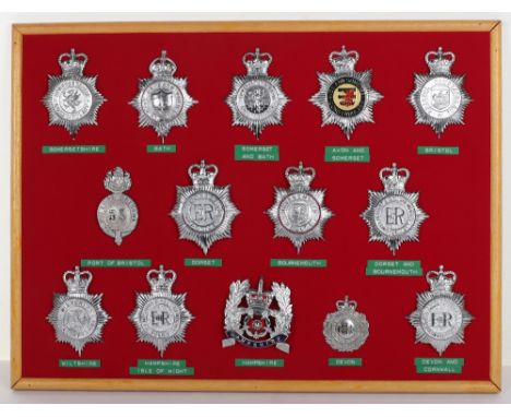 Fourteen Obsolete Police Helmet Plates, Kings Crown chrome City of Bath Police, Queens crown chrome, Somersetshire Constabula