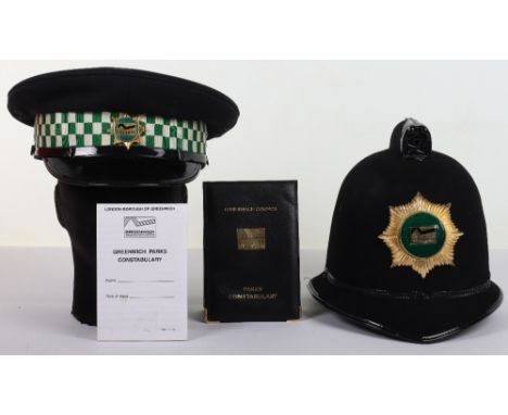 Scarce Obsolete Greenwich Parks Constabulary Cox Comb Helmet, circa  1970-1980, Christy helmet, gold star badge, with green/b