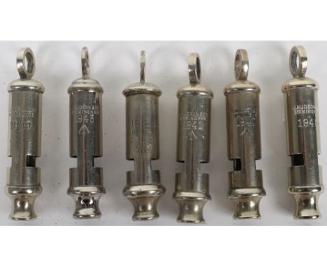 Six Police Style Military whistles, 1939 J Hudson &amp; Co Birmingham, 1940 Broad Arrow,  Adie Bros Birmingham, 1940 J Hudson