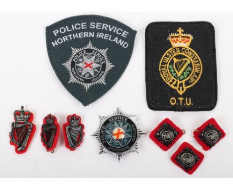Obsolete Royal Ulster Constabulary Queens Crown cap badge and a pair of collar insignia, 3 x officers pips, Royal Ulster Cons