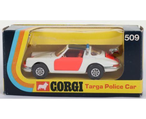 Corgi Toys Scarce Export 509 Porsche Targa 911S Police Car ‘ Rijkspolitie’  white body, fluorescent doors, rear bonnet and fr