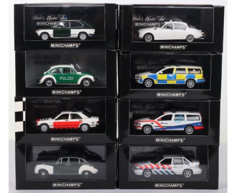 Mini Champs boxed Police models, including, 433171892 Volvo v70 estate hertz, 430130690 jaguar mk2 1959, 430171894 Volvo v70 