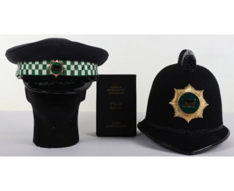 Scarce Obsolete Greenwich Parks Constabulary Cox Comb Helmet, circa  1970-1980, Christy helmet, gold star badge, with green/b