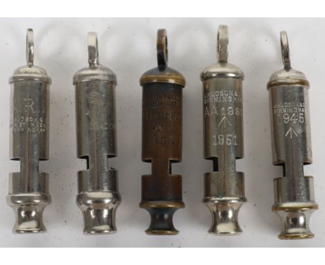 Five Police Style Military whistles, 1945 Broad Arrow J Hudson &amp; Co Birmingham, 1951 Broad Arrow J Hudson &amp; Co Birmin