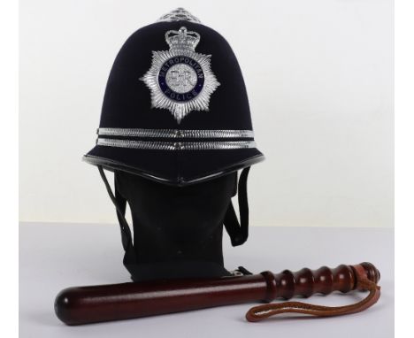 Obsolete Metropolitan Police Inspectors Helmet, rose top, Queens crown helmet plate, two chrome bands, plus a mahogany trunch