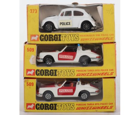 Three Boxed  Corgi Toys Whizzwheels Police Cars, 373 Volkswagen 1200 Police Car, white body, red interior, black hatch/bonnet