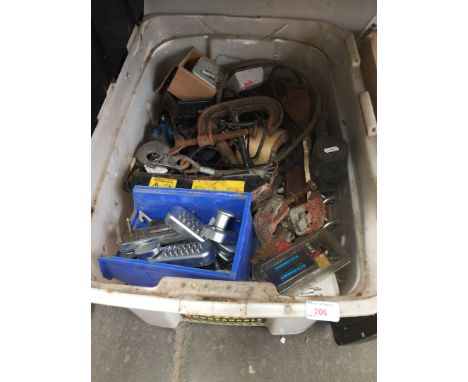 A BOX OF MISC. TOOLS, DOOR LOCKS, ETC