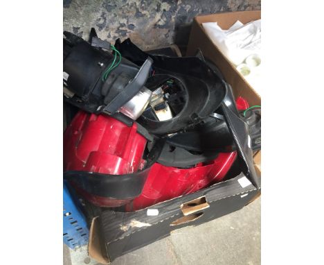 BOX OF CAR PARTS, LIGHT CLUSTER ETC