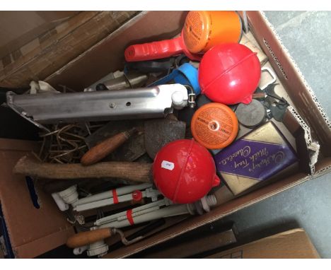 A BOX OF MISC. TOOLS, GAS CANISTERS, ETC