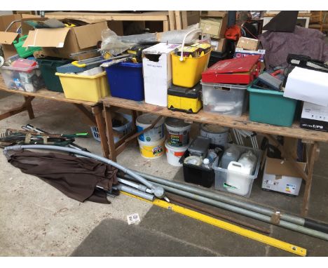 TWO TABLES OF VARIOUS GARAGE AND GARDEN ITEMS INCLUDING ELECTRICS, TOOLS, HARDWARE, UMBRELLA ETC.