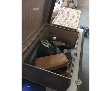 A TRUNK WITH MISC. INCLUDING MARBLES, CAMERAS, ETC