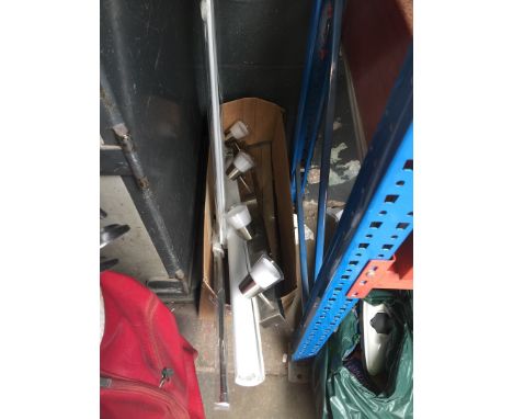 BOX OF MISC. INCLUDING VENETIAN BLINDS, TRACK LIGHT, ETC