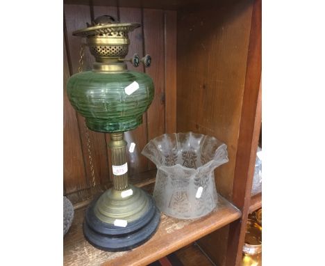 EDWARDIAN BRASS AND GLASS OIL LAMP WITH FUNNEL AND SHADE