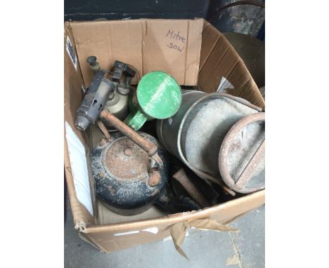 BOX OF MISC. METAL ITEMS INCLUDING KETTLES, BLOW LAMP, OIL CAN, ETC
