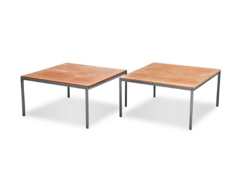 Florence Knoll for Knoll International, a pair of T Angle coffee tables, circa 1963,  each with square walnut tops on angled 