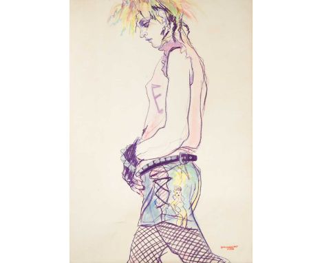 § Jo Brocklehurst (1935-2006) Portrait of Min as a Punksigned and dated 'BROCKLEHURST / 1982' (lower right)mixed media, unfra