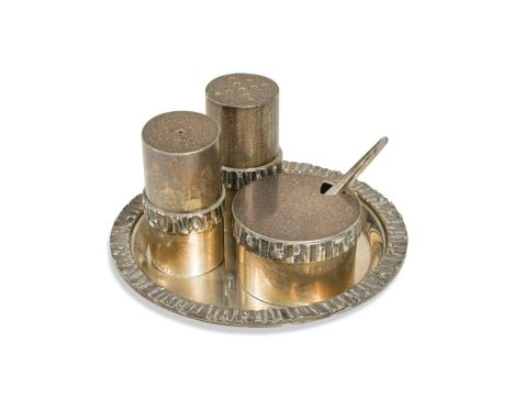 § Brian Asquith (1930-2008), a modern silver three-piece condiment set and tray,  Sheffield 1977/1978, each item bearing an a