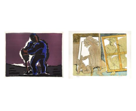 A group of seven unframed prints, to include: Josef Herman (1911-2000), Figure against a dark sky, signed 'Josef Herman' (low