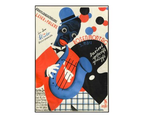 A German jazz poster for the  'Rosenmontag' carnival, circa 1930s,  lithograph in colours120 x 83.5cmFormerly folded into eig