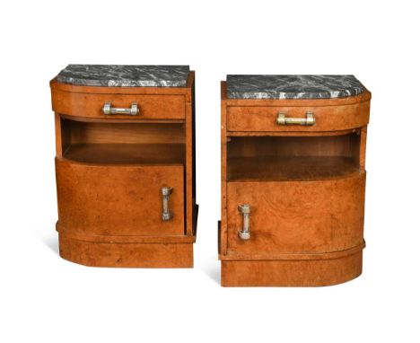 A pair of Art Deco marble topped walnut bedsides,  each with shaped frieze drawer above an open shelf, a shaped cupboard belo