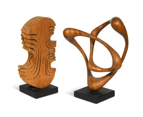 § John Spielman (1944-), two abstract wooden sculptures, to include a carved iroko example of twisted abstract form, 29cm hig