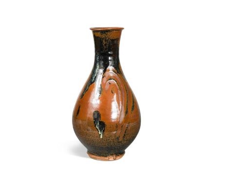 § Jim Malone (1946-), a large stoneware bottle vase, glazed in kaki and decorated with tenmoku slip with copper and cobalt po