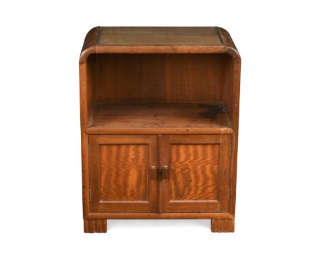 Betty Joel (1894-1985), a Token Works walnut bedside, 1929,  with inset glass top above an open shelf and  pair of cupboard d