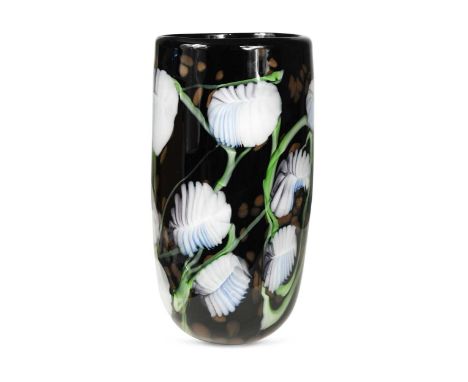 A Murano black glass vase, attributed to Barovier, the cylindrical body decorated with aventurine inclusions and stylised flo