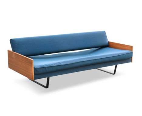 Robin Day for Hille, a double sofa bed, circa 1950s,  on black painted angle-iron trestles with original blue/green wool upho