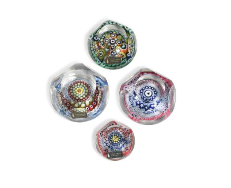 A group of four Whitefriars faceted millefiori glass paperweights, to include a limited edition commemorative Liberty Bell pa