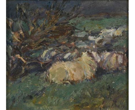 § June Brilly (1956-) Sheep resting beside a bushsigned 'June Brilly' (lower right)oil on board24 x 26cmSome light debris fro