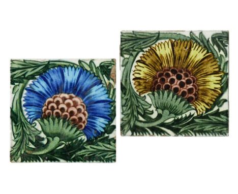 William de Morgan, two large BBB tiles,  one painted with blue flower head, Merton Abbey mark, the other with yellow flower h